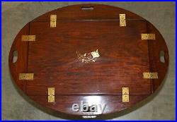 Fine Vintage English Mahogany & Brass Butlers Tray Table With Folding Sides