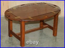 Fine Vintage English Mahogany & Brass Butlers Tray Table With Folding Sides