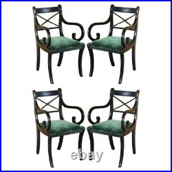 Four Vintage English Regency Ebonised Sabre Leg Green Velvet Dining Chairs 4
