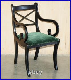 Four Vintage English Regency Ebonised Sabre Leg Green Velvet Dining Chairs 4