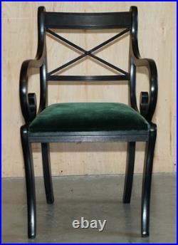 Four Vintage English Regency Ebonised Sabre Leg Green Velvet Dining Chairs 4