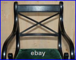 Four Vintage English Regency Ebonised Sabre Leg Green Velvet Dining Chairs 4