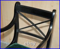 Four Vintage English Regency Ebonised Sabre Leg Green Velvet Dining Chairs 4