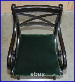 Four Vintage English Regency Ebonised Sabre Leg Green Velvet Dining Chairs 4