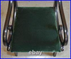 Four Vintage English Regency Ebonised Sabre Leg Green Velvet Dining Chairs 4