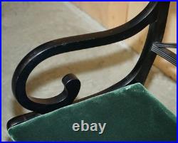 Four Vintage English Regency Ebonised Sabre Leg Green Velvet Dining Chairs 4