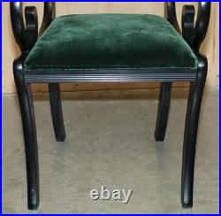 Four Vintage English Regency Ebonised Sabre Leg Green Velvet Dining Chairs 4