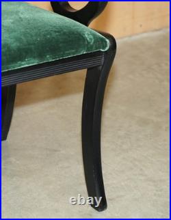 Four Vintage English Regency Ebonised Sabre Leg Green Velvet Dining Chairs 4