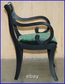 Four Vintage English Regency Ebonised Sabre Leg Green Velvet Dining Chairs 4