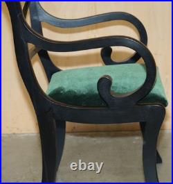Four Vintage English Regency Ebonised Sabre Leg Green Velvet Dining Chairs 4