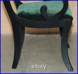 Four Vintage English Regency Ebonised Sabre Leg Green Velvet Dining Chairs 4