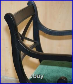 Four Vintage English Regency Ebonised Sabre Leg Green Velvet Dining Chairs 4