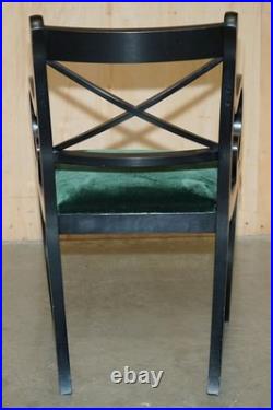 Four Vintage English Regency Ebonised Sabre Leg Green Velvet Dining Chairs 4
