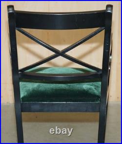 Four Vintage English Regency Ebonised Sabre Leg Green Velvet Dining Chairs 4