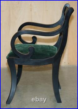 Four Vintage English Regency Ebonised Sabre Leg Green Velvet Dining Chairs 4