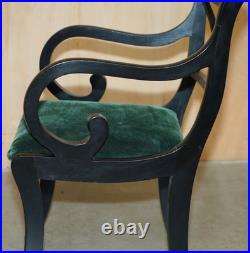 Four Vintage English Regency Ebonised Sabre Leg Green Velvet Dining Chairs 4