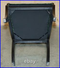 Four Vintage English Regency Ebonised Sabre Leg Green Velvet Dining Chairs 4