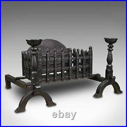 Heavy Vintage Fireplace Set, English, Iron, Fire Basket, Grate, Medieval Revival