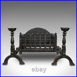 Heavy Vintage Fireplace Set, English, Iron, Fire Basket, Grate, Medieval Revival