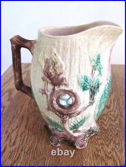 Large English Antique Vintage Majolica Pitcher With Birds & Nest, Green & Cream