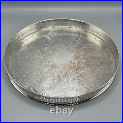 Large Round Vintage Silver Plated Drinks Tray Gallery Breakfast English Antique