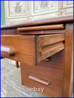 Large Vintage 1960s English Abbess teachers bakers writing desk oak MCM drawers