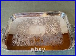 Large Vintage Silver on copper Serving Tray Handles Footed English butler