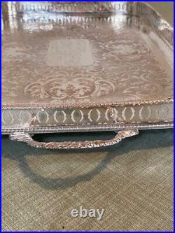 Large Vintage Silver on copper Serving Tray Handles Footed English butler