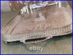 Large Vintage Silver on copper Serving Tray Handles Footed English butler