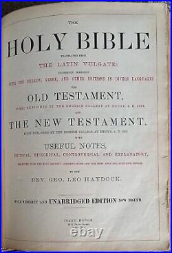 Lg Antique Douay Catholic Vulgate Family Bible 1885 Unabr. Haydock, Brite Gilt