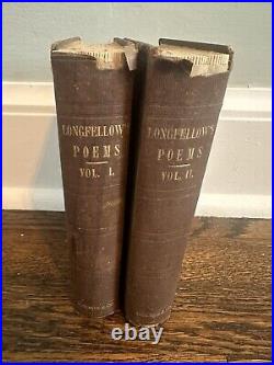 Longfellow's Poems Two Volumes Antique 1850 Vintage Book Set Ticknor & Co