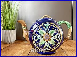 Majolica Cobalt Blue Flat Teapot In The Style Of Thomas Forester Antique Vintage