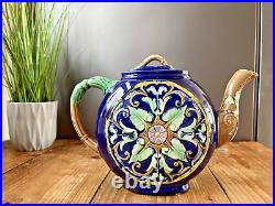 Majolica Cobalt Blue Flat Teapot In The Style Of Thomas Forester Antique Vintage