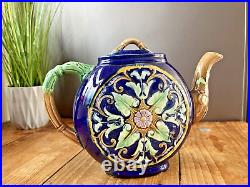 Majolica Cobalt Blue Flat Teapot In The Style Of Thomas Forester Antique Vintage