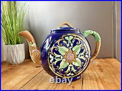 Majolica Cobalt Blue Flat Teapot In The Style Of Thomas Forester Antique Vintage