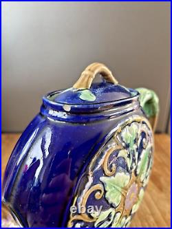 Majolica Cobalt Blue Flat Teapot In The Style Of Thomas Forester Antique Vintage