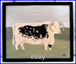 Naive Painting Prize English Longhorn Bull Board in Vintage Black Frame Folk Art