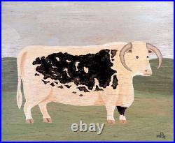 Naive Painting Prize English Longhorn Bull Board in Vintage Black Frame Folk Art