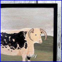 Naive Painting Prize English Longhorn Bull Board in Vintage Black Frame Folk Art