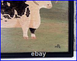 Naive Painting Prize English Longhorn Bull Board in Vintage Black Frame Folk Art