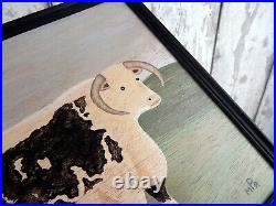 Naive Painting Prize English Longhorn Bull Board in Vintage Black Frame Folk Art