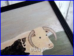 Naive Painting Prize English Longhorn Bull Board in Vintage Black Frame Folk Art