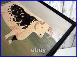 Naive Painting Prize English Longhorn Bull Board in Vintage Black Frame Folk Art