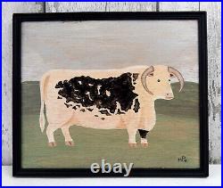 Naive Painting Prize English Longhorn Bull Board in Vintage Black Frame Folk Art