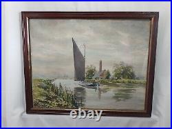 Norfolk Broads Wherry & Landscape Antique Original Watercolour Vintage Painting