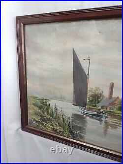 Norfolk Broads Wherry & Landscape Antique Original Watercolour Vintage Painting