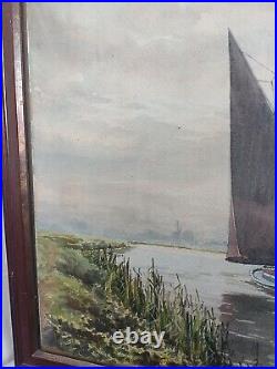 Norfolk Broads Wherry & Landscape Antique Original Watercolour Vintage Painting