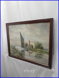 Norfolk Broads Wherry & Landscape Antique Original Watercolour Vintage Painting