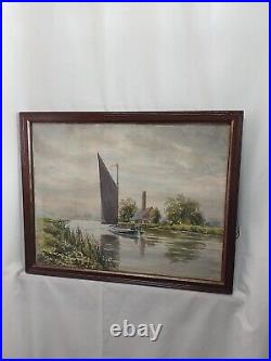 Norfolk Broads Wherry & Landscape Antique Original Watercolour Vintage Painting