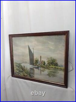 Norfolk Broads Wherry & Landscape Antique Original Watercolour Vintage Painting